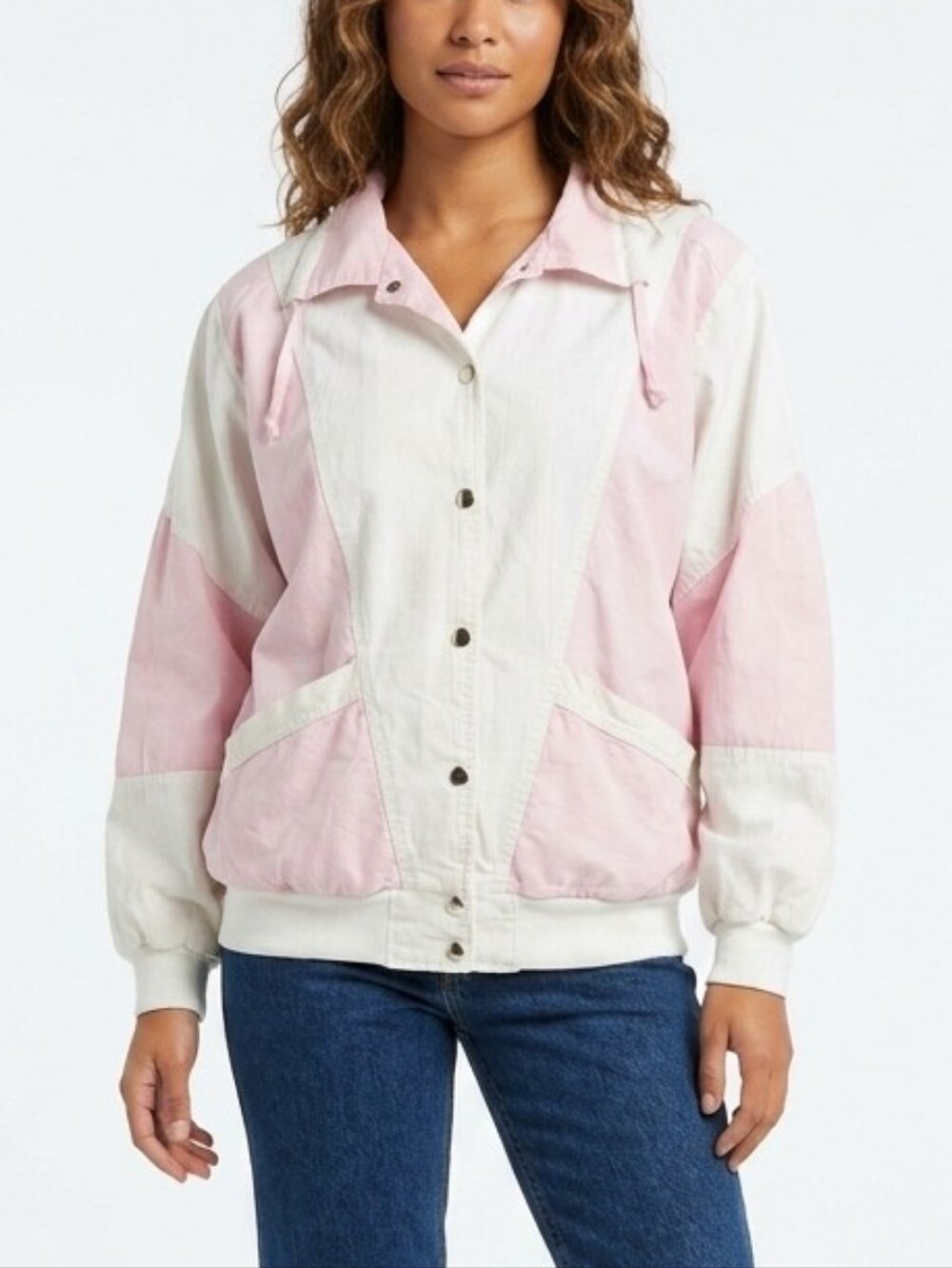 Currentseen Vintage 80s Cotton boxy crop snap parka large pink White